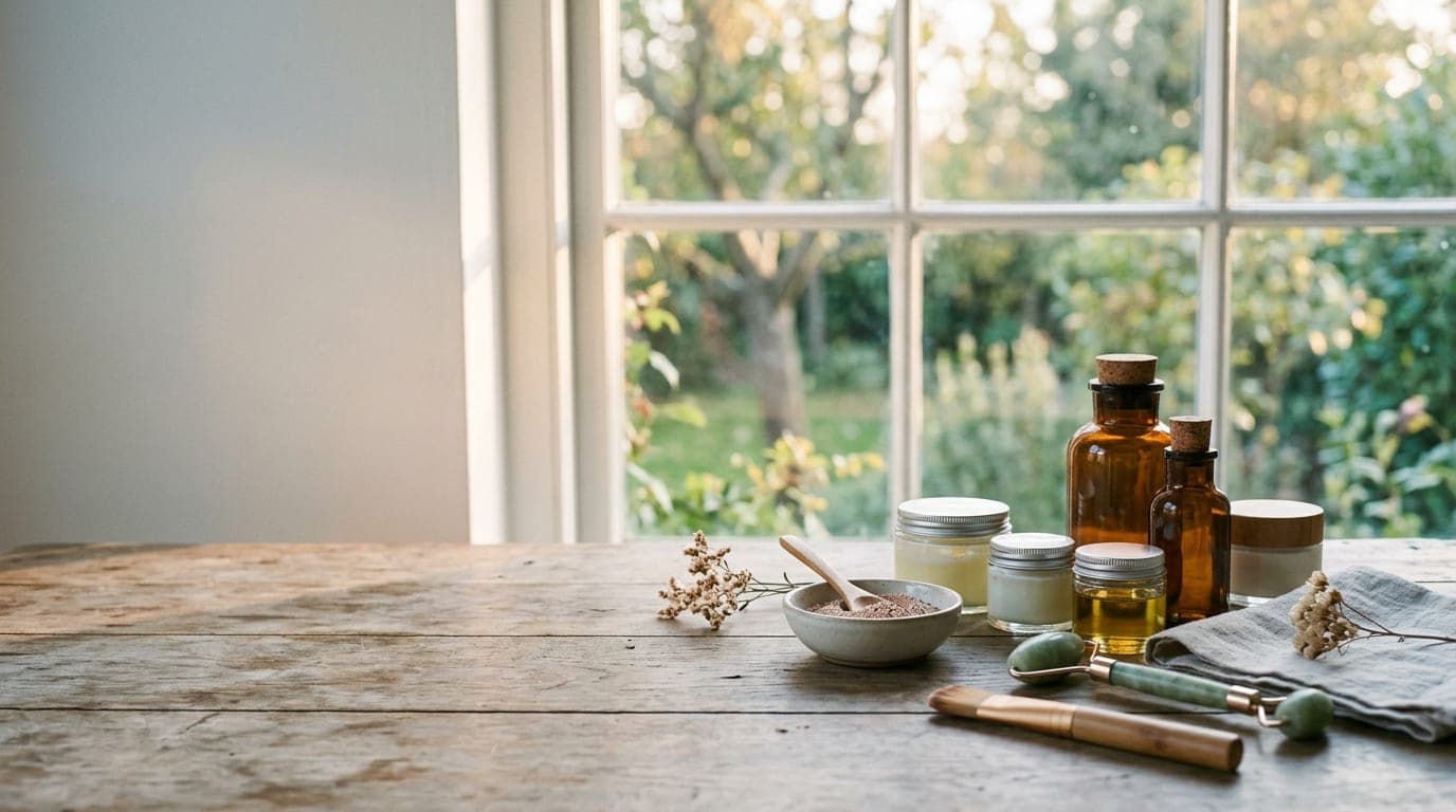 A bright, minimalist skincare studio with glass bottles, cotton pads, and natural daylight from a window, conveying professional skincare expertise.